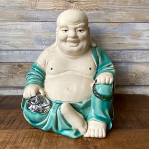 Vintage Handmade Ceramic Laughing Buddha Sculpture Ornament Azzure Glazed Robes Home Decor