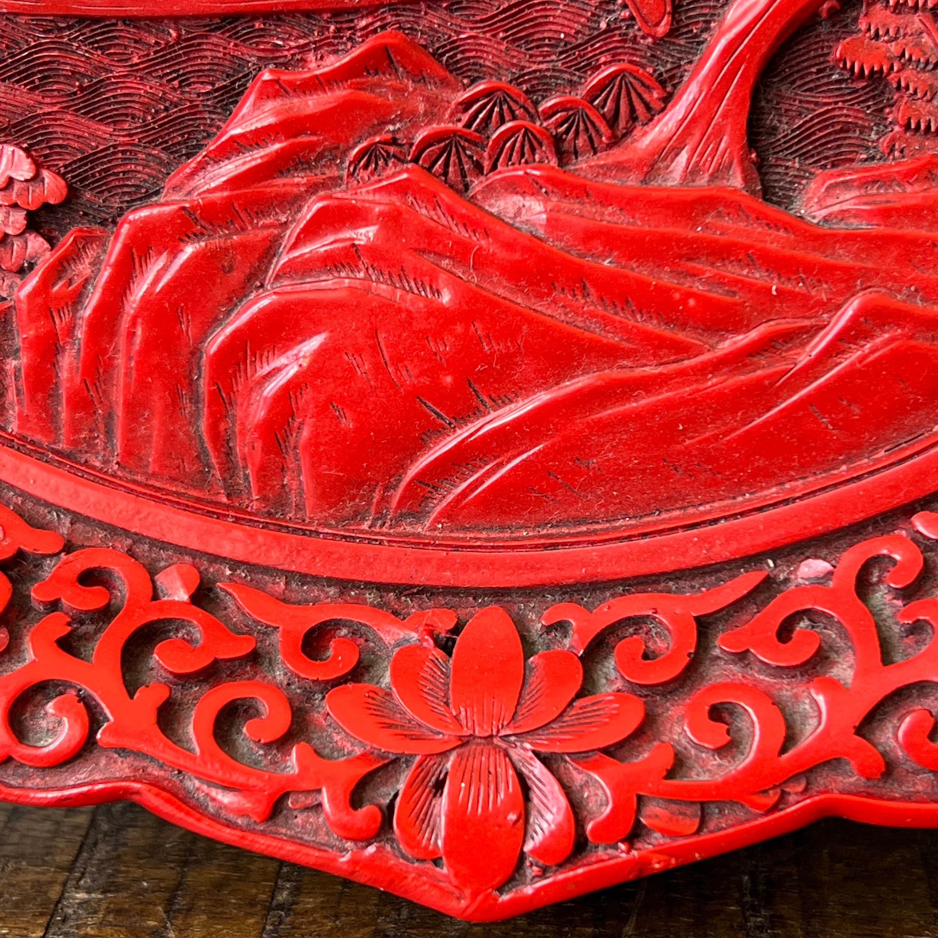 Vintage Chinese Red Cinnabar Decorative Plate Hand Carved