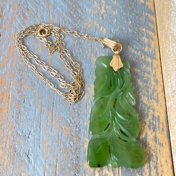 Vintage 9k Gold Delicate Chain and Spinach Green Jade Necklace Rectangular Pendant Hand Carved with Peaches