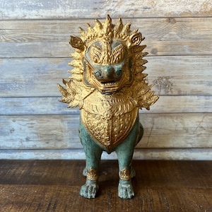 Vintage Thai Siam Khmer Bronze Gilt Singha Imperial Lion Foo Dog Temple Sculpture