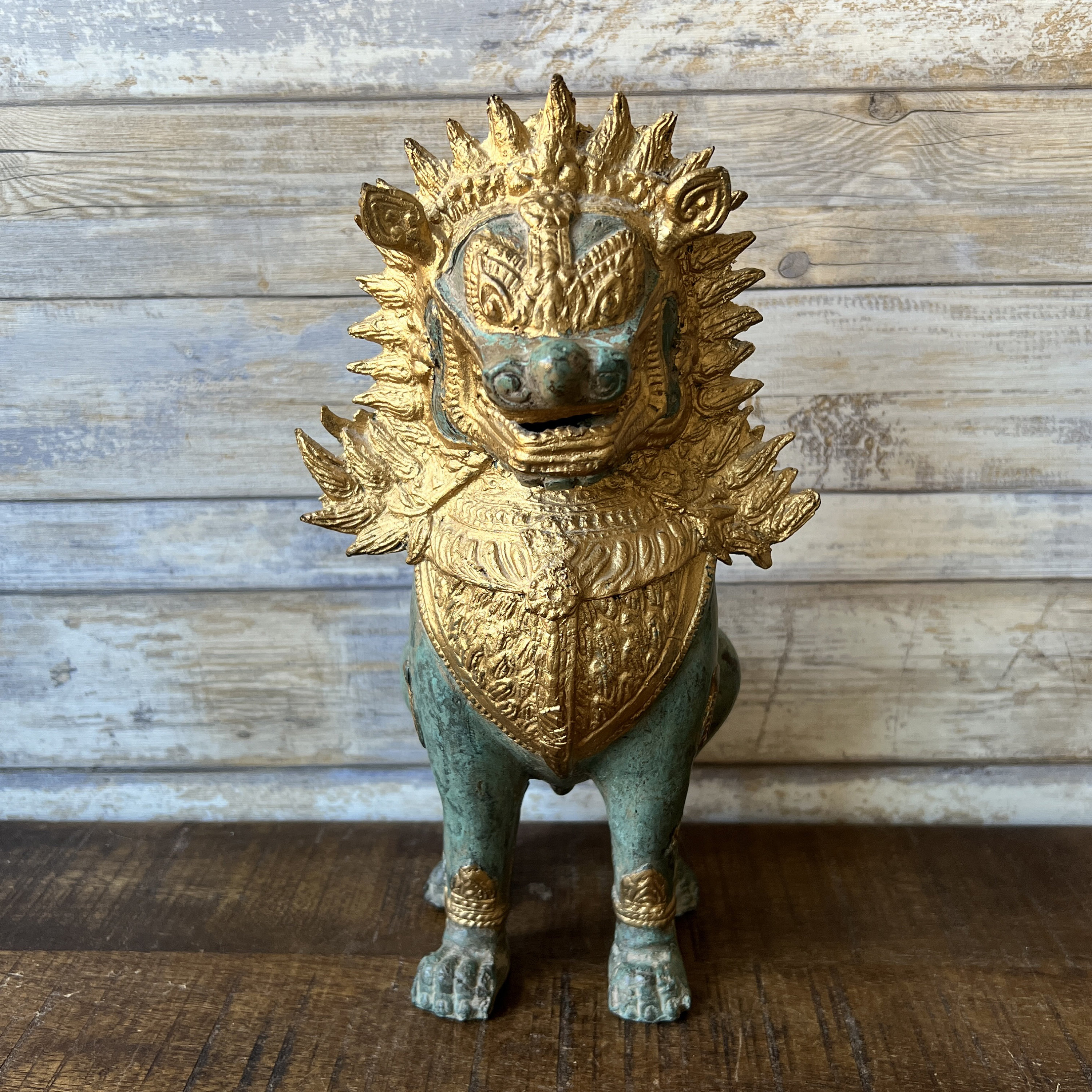 Vintage Thai Siam Khmer Bronze Gilt Singha Imperial Lion Foo Dog