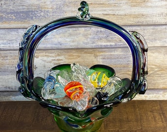 Vintage Venetian Murano Glass Decorative Basket and Set of Thirteen Bon Bons circa 1960s