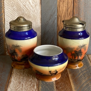 Vintage Bohemia Pearlwhite Ceramic Set of Three Containers Desert Scene Salt and Pepper