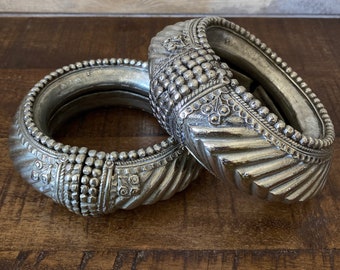 Antique African Ethnic Tribal Silver Pair of Ribbed Bangles Anklets Chunky and Heavy 400g Each