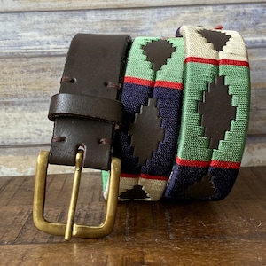 Vintage Handmade Leather Polo Belt: Embroidered Design, Brass Buckle