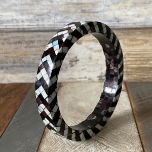 Vintage Handmade Mother of Pearl Black and White Mosaic Bangle