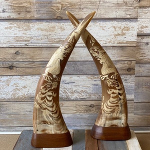 Antique Chinese Buffalo Horns: Hand-Decorated Dragon & Tiger Carvings