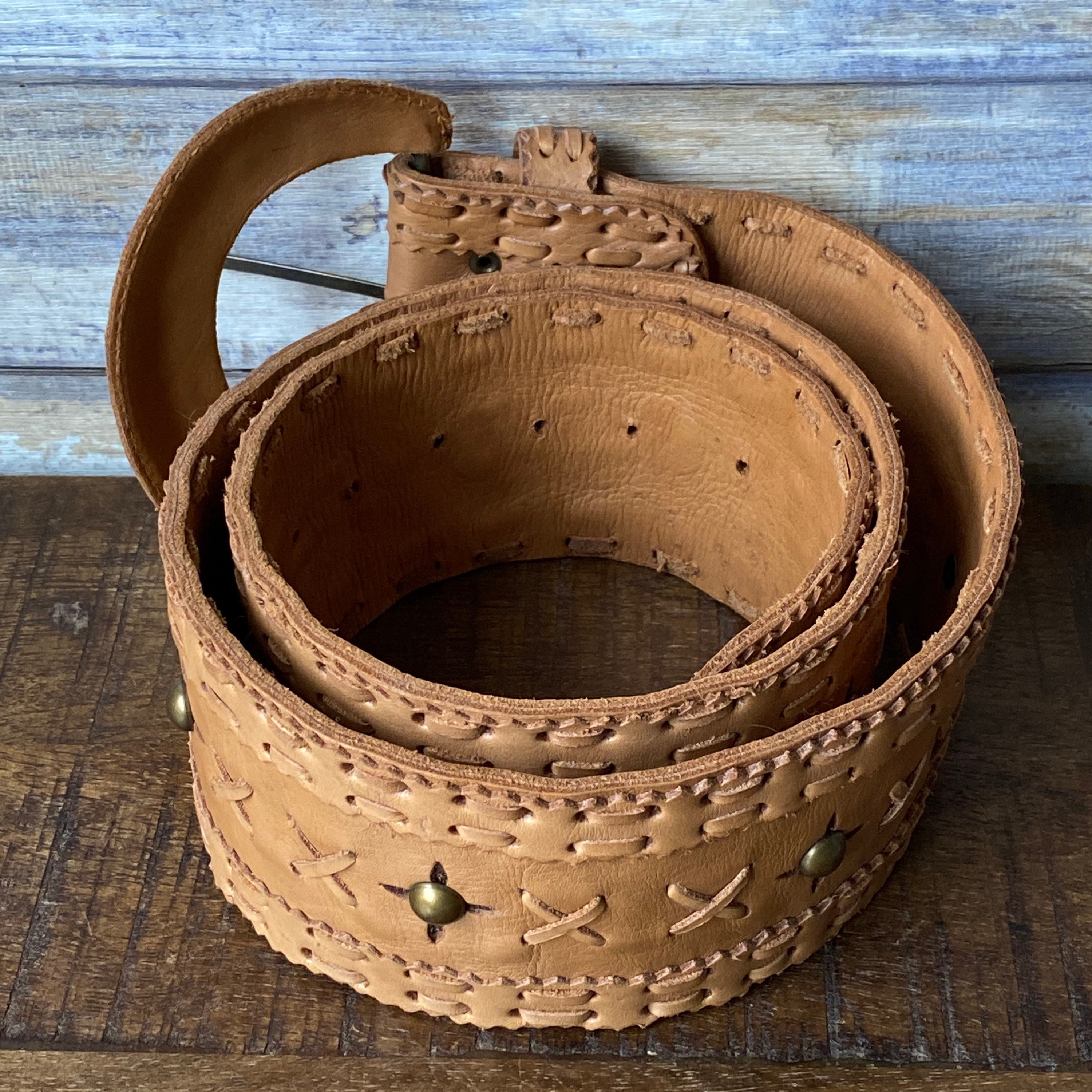 Gorgeous Rare Vintage Tan Leather Belt With Cut Out Circles and Metal Studs 1 1/2 main image 3