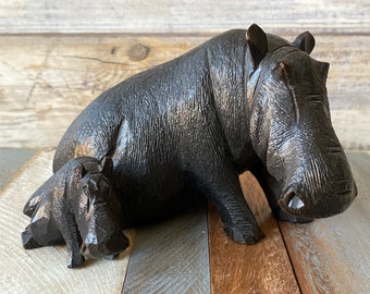 Japanese Mid Century  Rare Hippopotamus with Calf Hand Carved Wooden Gem Ainu People