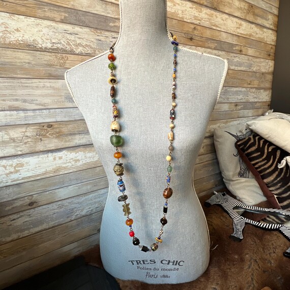 Vintage★African Brass bead long necklace Vintage Handmade African Trade Beads and Brass Multicoloured Long