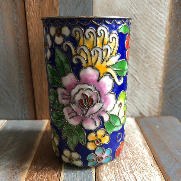 Highly Collectible Vintage Chinese Colourful Cloisonné Brush Pot Floral Motives