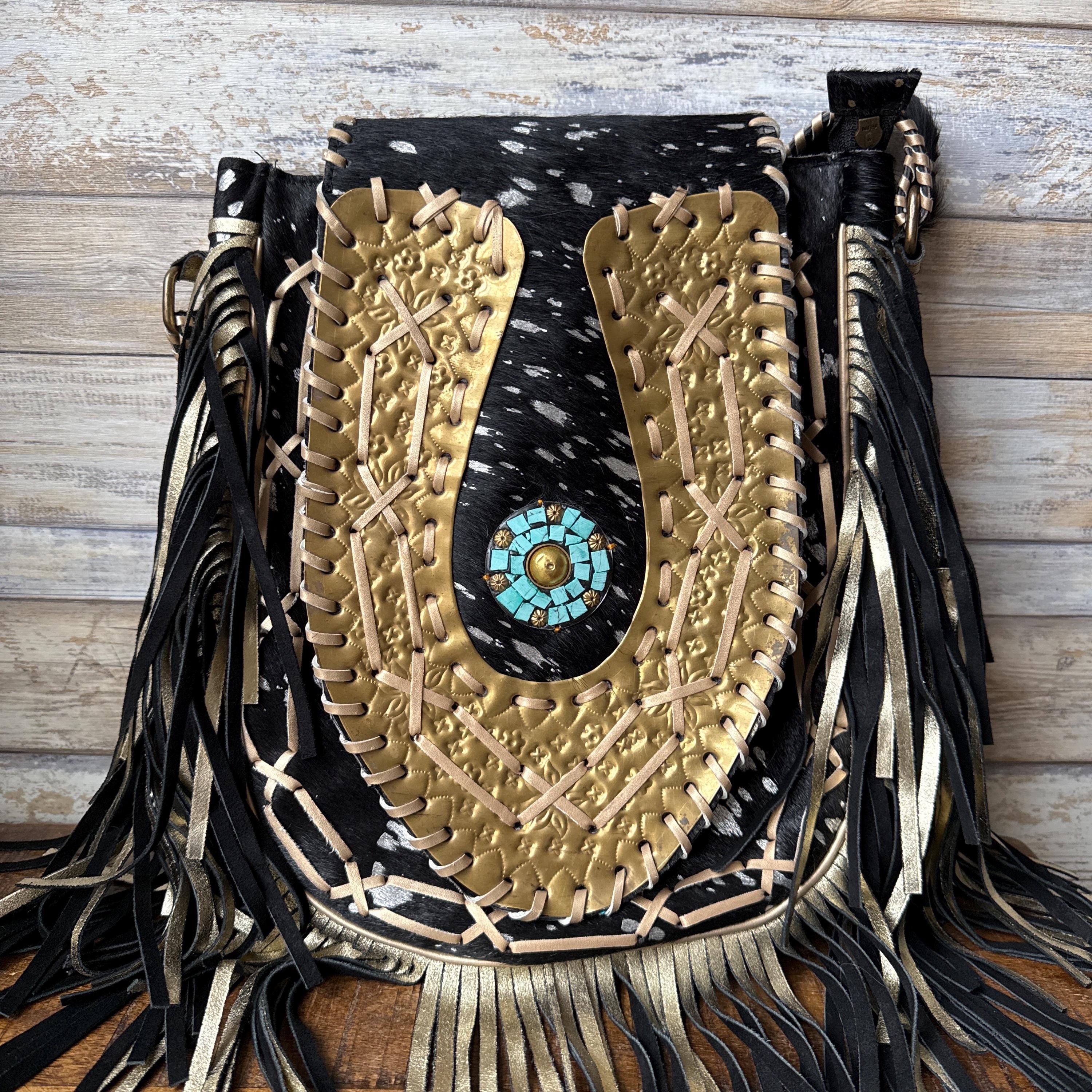 Handmade Western Crossbody Bag: Black & Gold Cowhide Leather with Turquoise