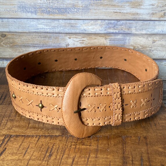 Vintage Handmade Genuine Leather Wide Belt Metal Studs  display picture 1