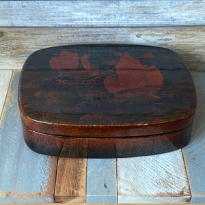 Vintage Japanese Large Rectangular Lacquer Jewellery Trinket Box Hand Painted Sailing Boats