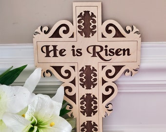 He is Risen Cross, Easter Decoration, easter Cross, Wood Cross, Gift For Christian, He is Risen Cross Wall Hanging