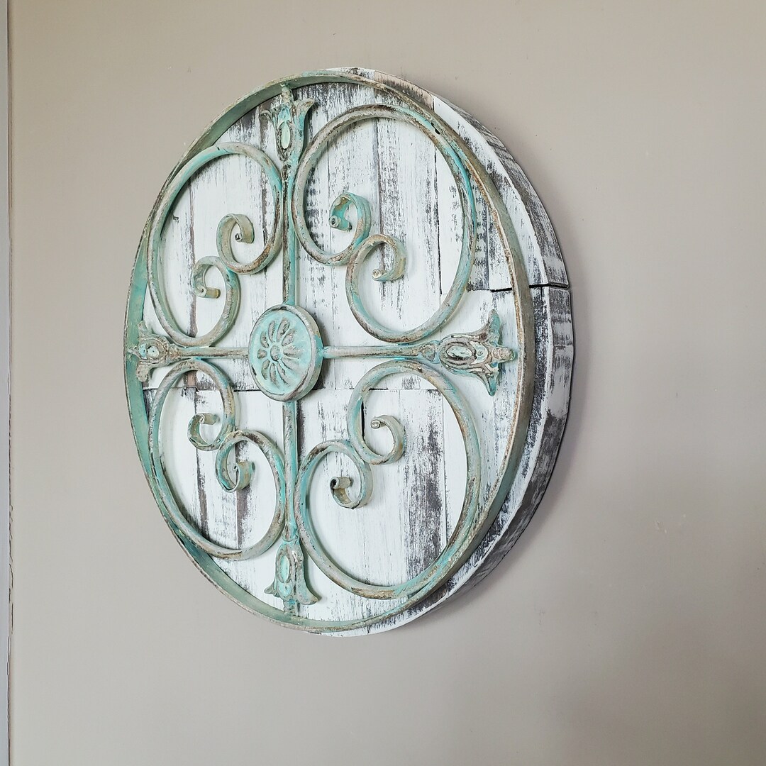 Round Metal and Wood Upcycled Wall Art Ocean Green and White Etsy