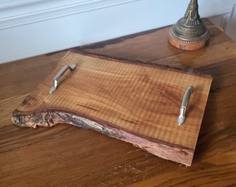 Live Edge Charcuterie Board, Walnut Slab with Silver Handles, Wood Serving Tray, Hardwood Server, Rustic Solid Wood Cheese Board