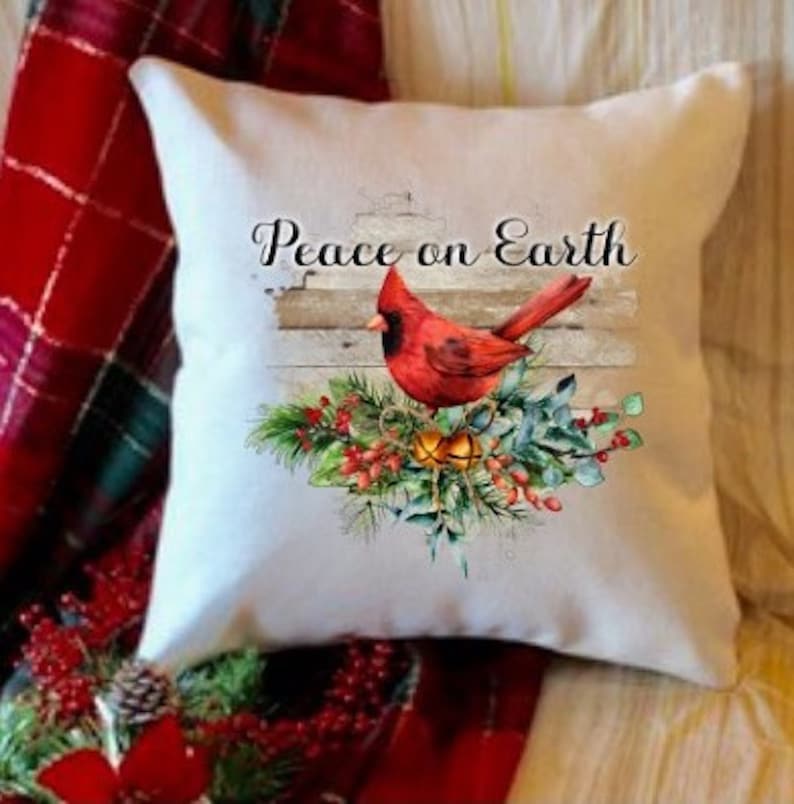 Red Christmas Cardinal Decorative Throw Pillow Peace On Etsy