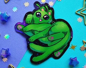 Sticker  Glorp chaton alien // Autocollant en vinyle brillant Holographique