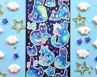 Planche de sticker, Chats galaxy // Planche d'autocollant en vinyle mat avec effet holographique métallisé