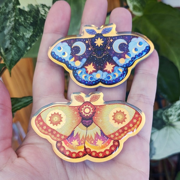 Moth, Moon and Sun // Holographic glitter acrylic pins