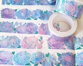 Washi Tape 25mm 10M Holo Foil Metallic, Holographic Peonies