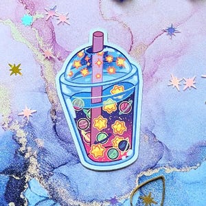 Sticker Bubble Tea de l'espace //  Autocollant en vinyle brillant mirroir