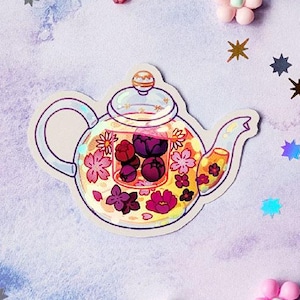 Teekannenaufkleber mit Blumenmuster // Holografischer, glänzender Vinylaufkleber