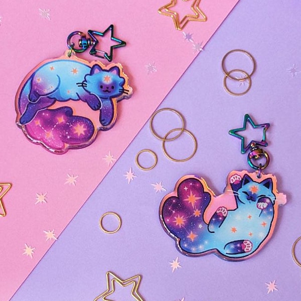 Space Kittens Keychain // Glittery transparent holographic acrylic keychain