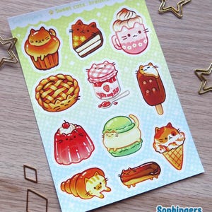 Planche de sticker, Chats gâteaux petit-déjeuner // Planche d'autocollant en vinyle mat