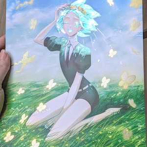 May include: An illustration of a character with light blue hair and a matching outfit, kneeling in a field of green grass and white flowers. Golden butterflies float in the sky. The character is wearing a crown of flowers.