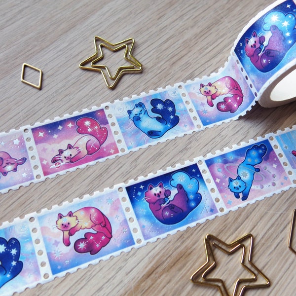 Washi Tape Timbres 25mm 5M Holo Foil Métallique, Galaxy Paws