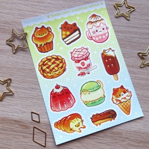 Planche de sticker, Chats gâteaux petit-déjeuner // Planche d'autocollant en vinyle mat