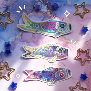 Sticker Carpe Koi Nobori //  Autocollant en vinyle brillant pailleté holographique
