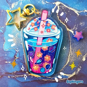 Weltraum-Bubble-Tea-Schlüsselanhänger // Glitzernder, transparenter Acryl-Schlüsselanhänger