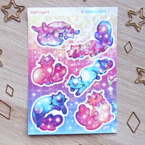 Stickervel, Galaxy Cats//glanzend vinyl stickervel met holografisch