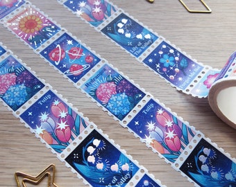 Washi Tape Timbres 25mm 5M Holo Foil Métallique, Starry blooms