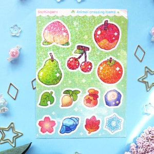 Planche de sticker, Animal Crossing fruits et objets // Planche d'autocollant en vinyle pailleté