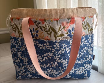 Blue Floral Project Bag: Spring Drawstring Tote for Knitting Supplies