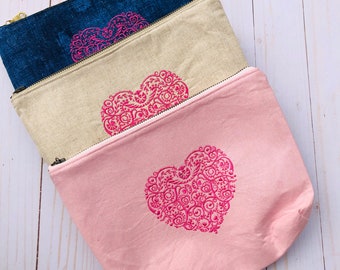 Embroidery Makeup Bag, Heart cosmetic bag,  Makeup Bag, Toiletry Bag, Accessories Bag, Knitting Bag, Crochet Bag
