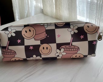 Black White Coffee Checkered  Vinyl Pouch, Vinyl Pencil Case