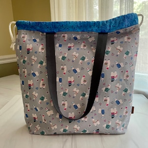 Gray Llama Knitting Project Bag: Cotton Drawstring Tote