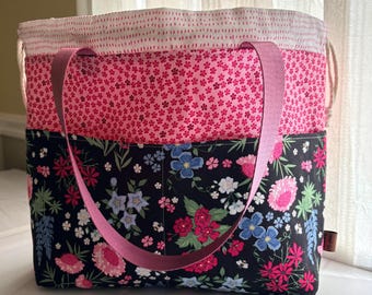 Black Floral Project Bag: Spring Drawstring Tote for Knitting Supplies
