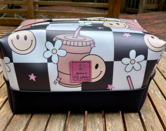 Smiley Face Vinyl Boxy Bag: Black & White Travel Pouch