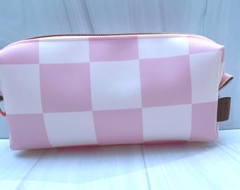 Pink White Checker Vinyl Pouch, Vinyl Pencil Case
