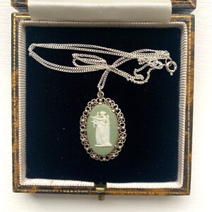 Wedgwood Oval Cameo Pendant Necklace Green Jasper Sterling New Silver Chain Woman in Robes with Lyre or Harp Silver  Filigree Setting