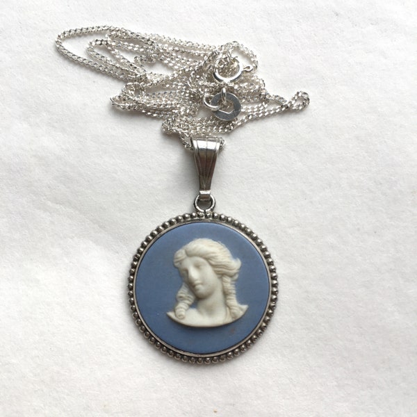 Wedgwood Cameo Pendant Necklace Blue Jasper and Sterling Silver Portrait of a Young Woman Made in England 1968