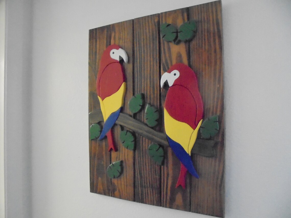 Hand Made Wood Parrots Wall Hanging Etsy