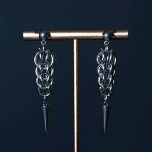 Dangle Stainless Steel Chainmail Earrings, Handmade Spike Earrings, Unique Ear Jewelry