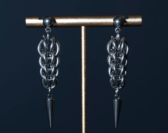 Dangle Stainless Steel Chainmail Earrings, Handmade Spike Earrings, Unique Ear Jewelry